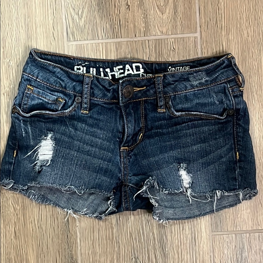 Bullhead Dark Blue Distressed Denim Jean Shorts - Picture 8 of 10